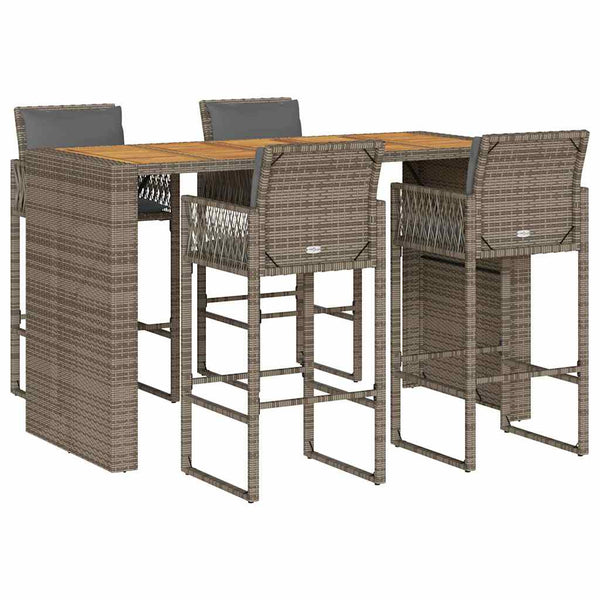 5 Piece Patio Bar Set with Cushions Gray Poly Rattan Acacia