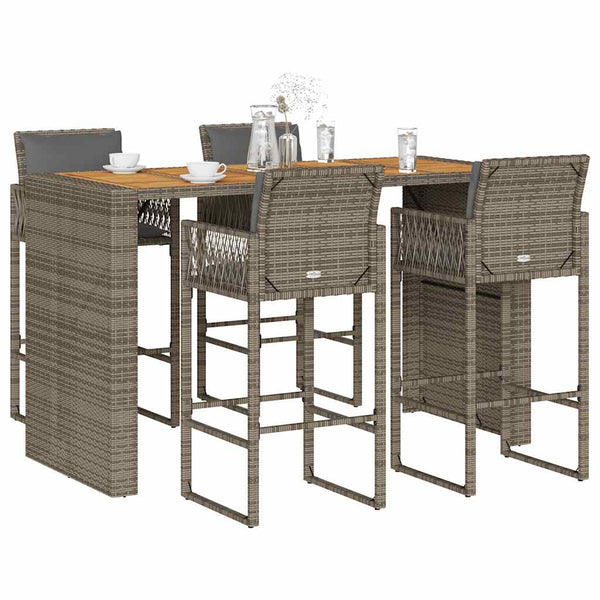 5 Piece Patio Bar Set with Cushions Gray Poly Rattan Acacia