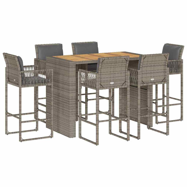 7 Piece Patio Bar Set with Cushions Gray Poly Rattan Acacia