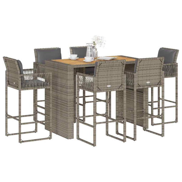 7 Piece Patio Bar Set with Cushions Gray Poly Rattan Acacia